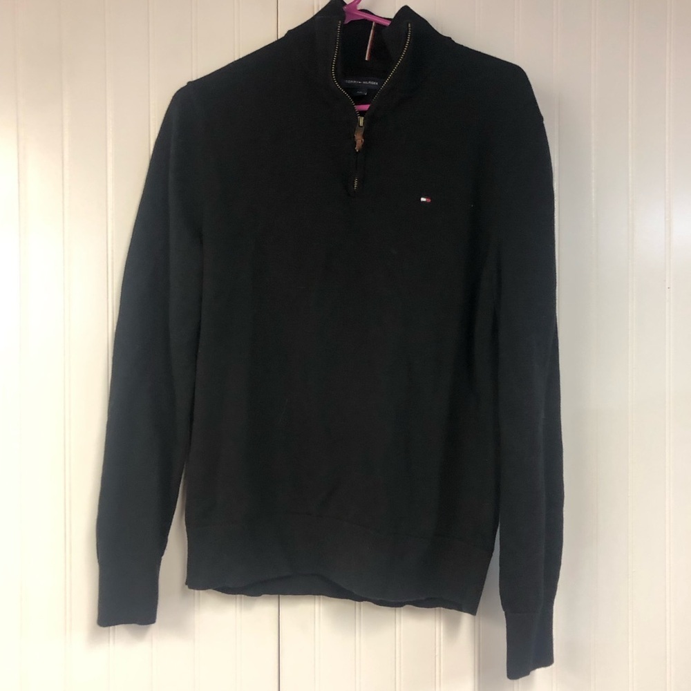 Tommy Hilfiger Men's Black Quarter- Zip Sweater Black Pullover Large